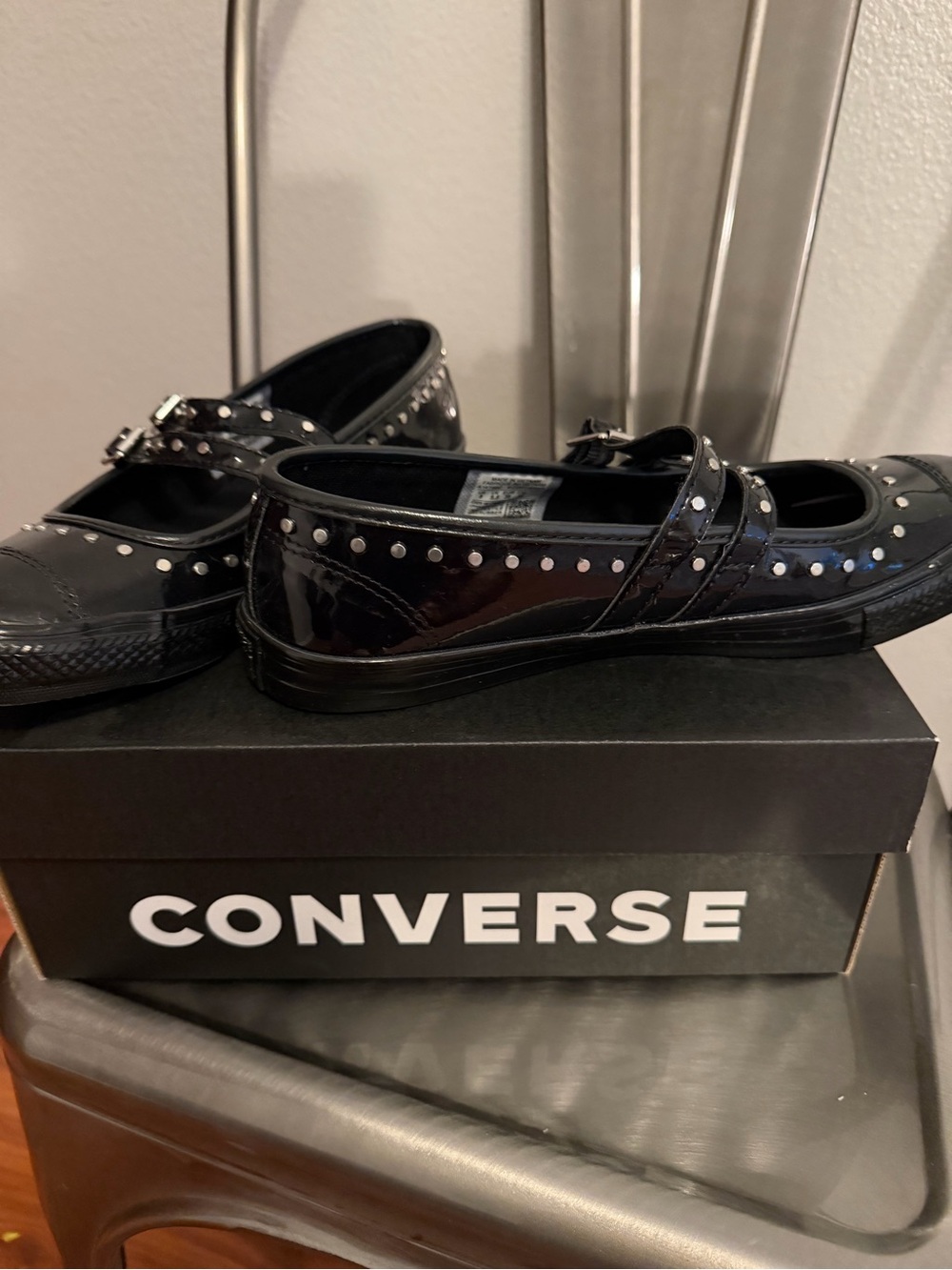 Converse women’s Black Patent Mary Jane Sneakers with Studded Straps - Picture 2 of 3